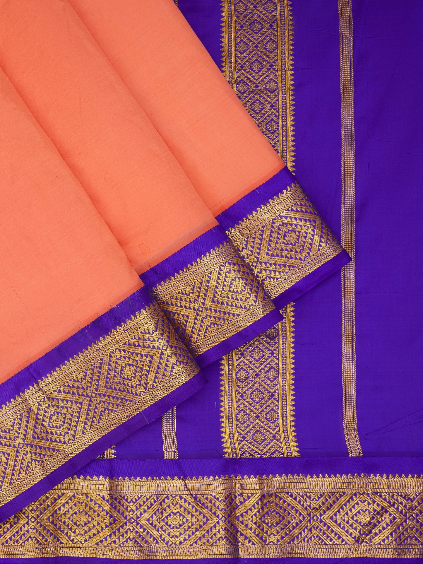 Peach with Violet 9 Yards Kanchivaram Silk Saree