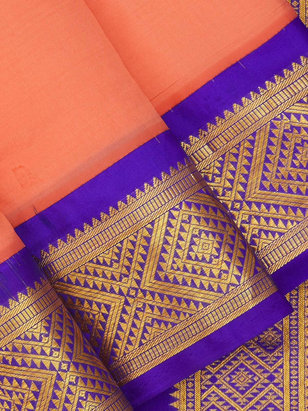 Peach with Violet 9 Yards Kanchivaram Silk Saree