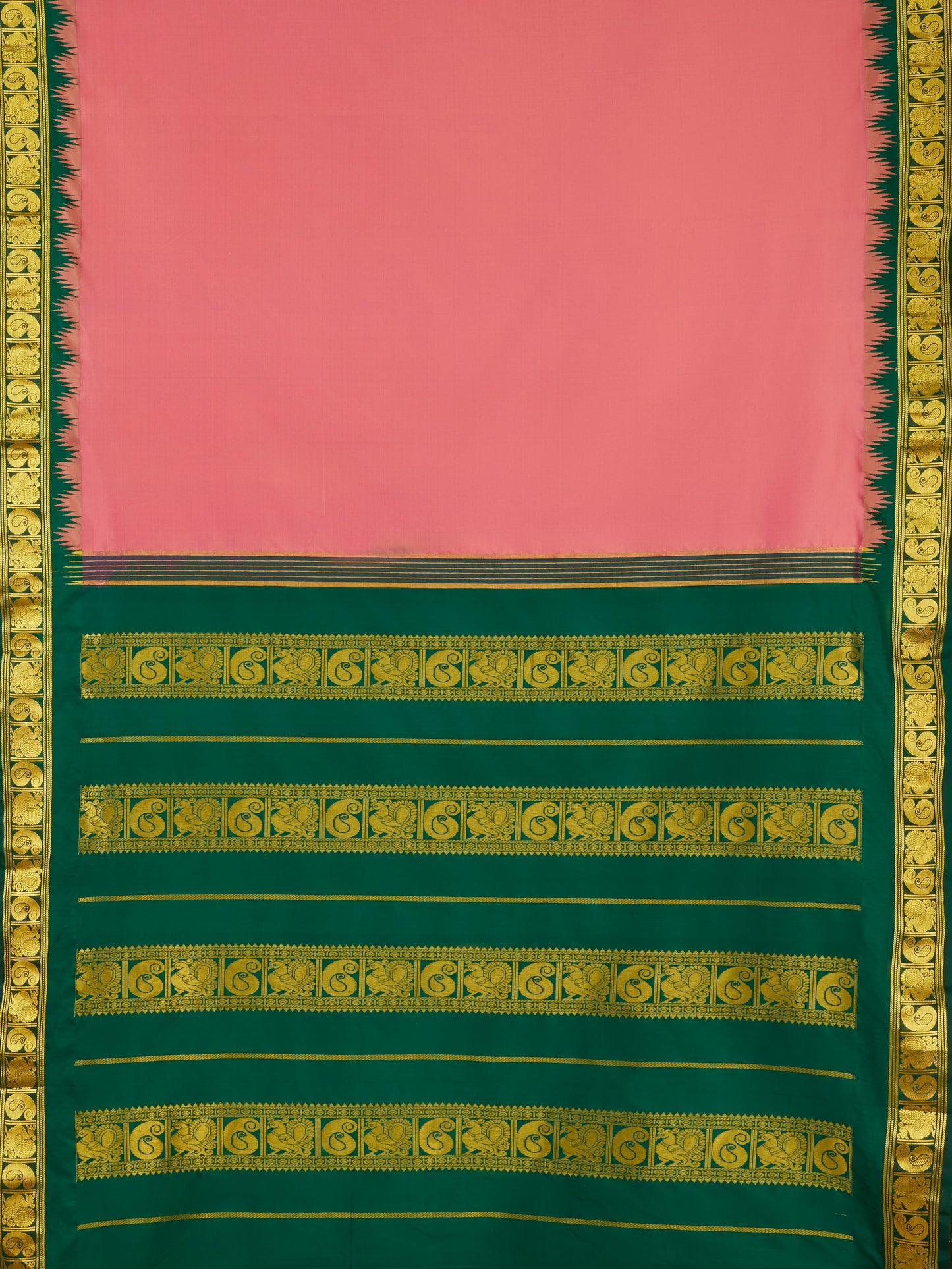 Pink with Bottle Green 9 Yards Kanchivaram Silk Saree