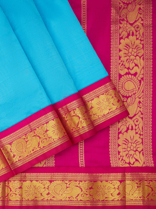 Turquoise Blue with Rani Pink 9 Yards Kanchivaram Silk Saree