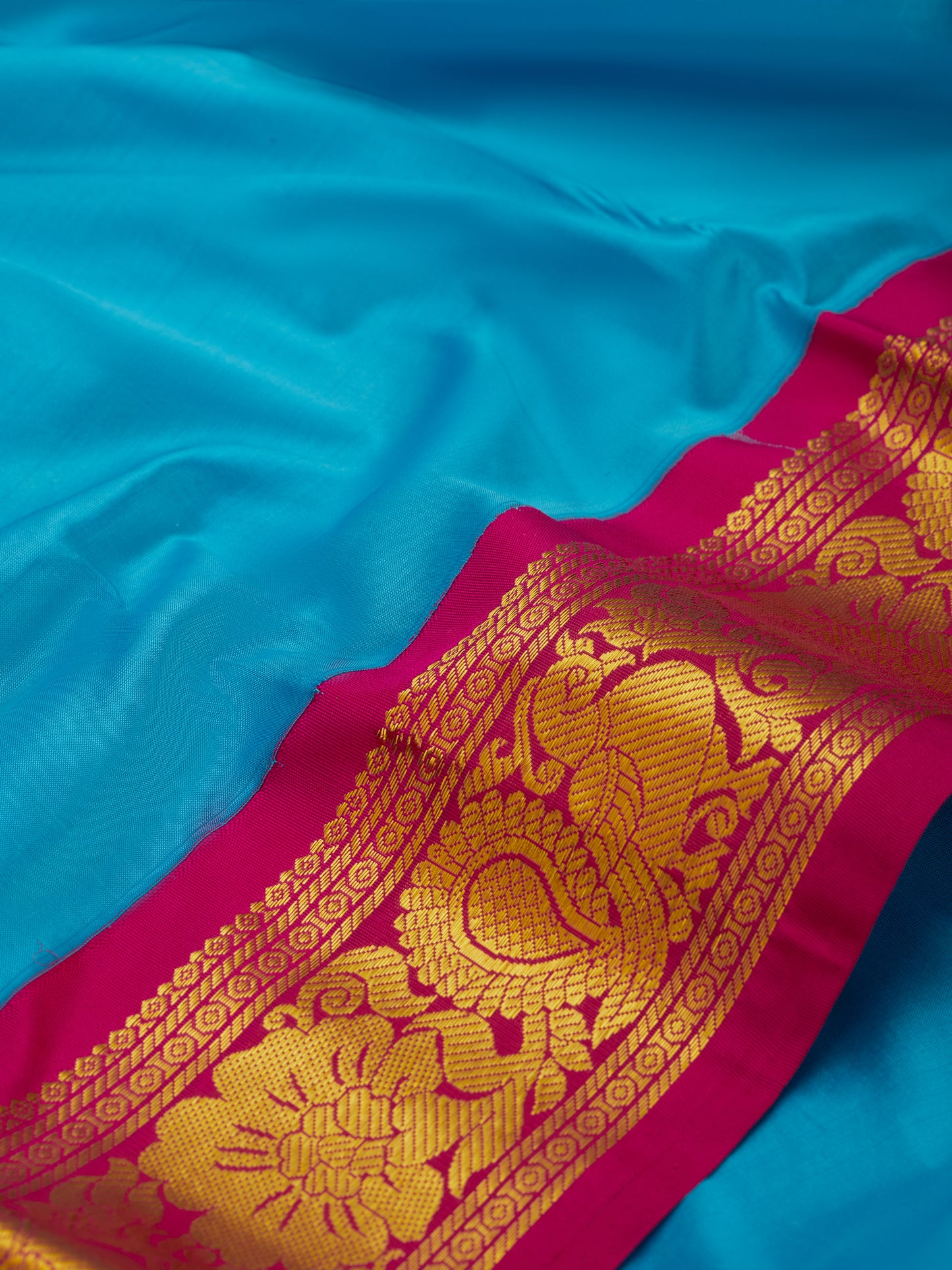 Turquoise Blue with Rani Pink 9 Yards Kanchivaram Silk Saree